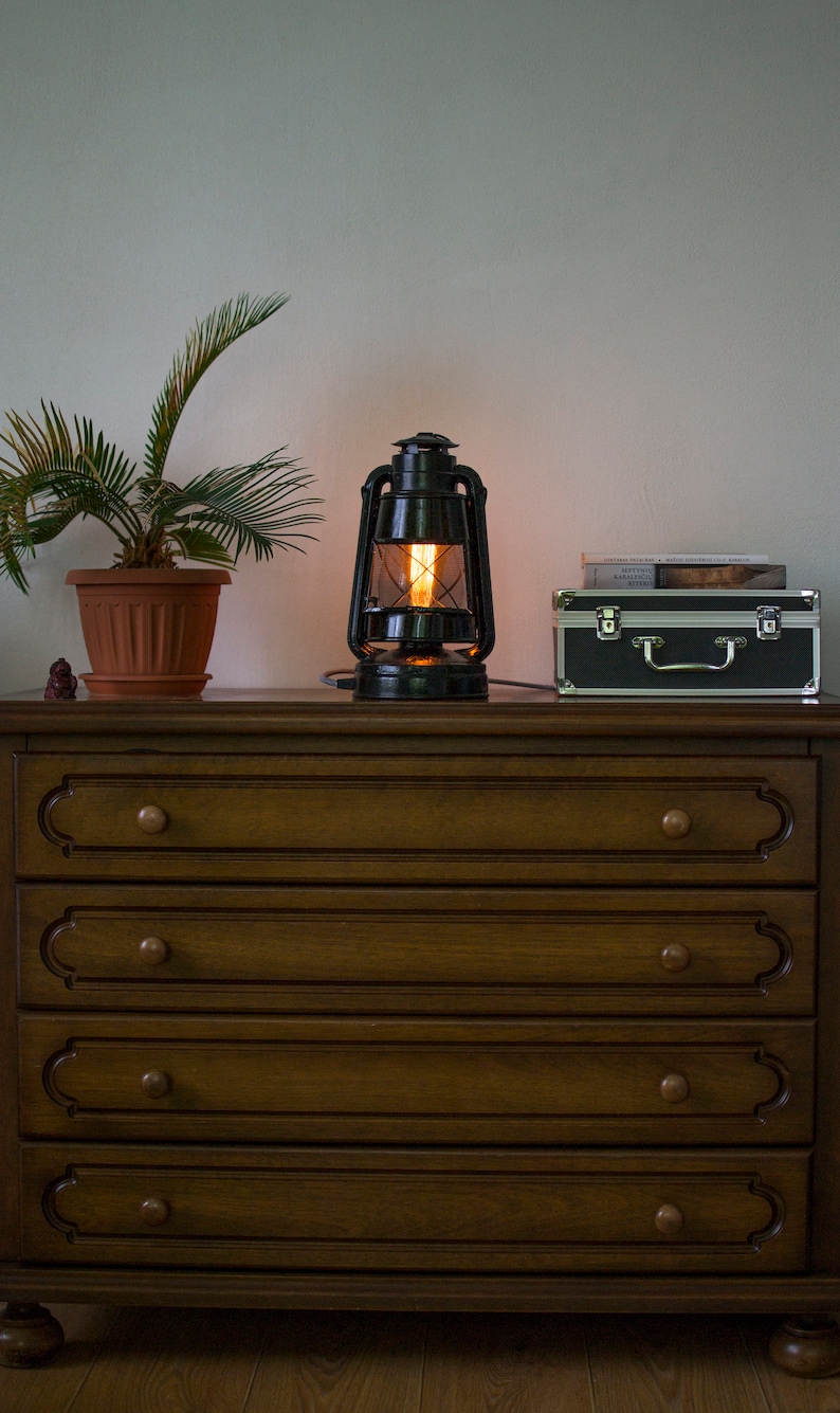 Electric handmade bedside lantern-Vintage hurricane lantern-Rustic desk lamp-Dimmable bedroom lighting-Filament bulb-Retro style table lamp image 3