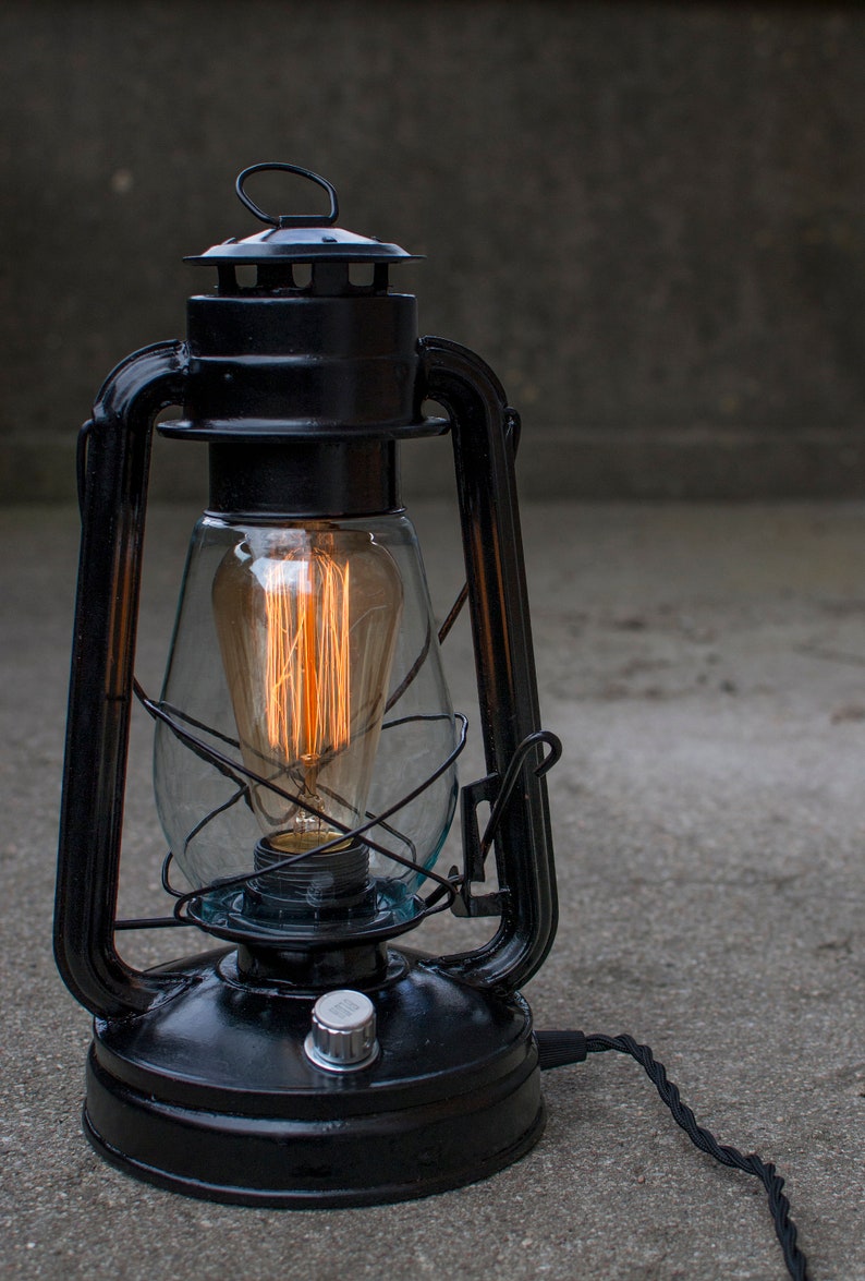 Electric handmade bedside lantern-Vintage hurricane lantern-Rustic desk lamp-Dimmable bedroom lighting-Filament bulb-Retro style table lamp image 6