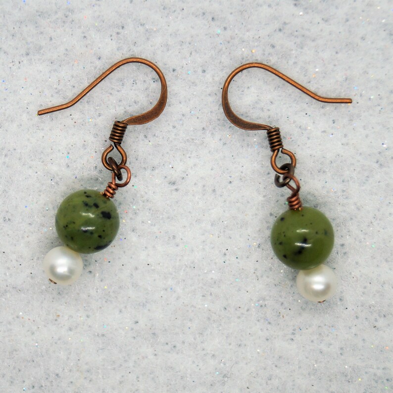 Nature Earrings Jade and Pearl Earrings Antiqued Copper Earrings Jade Earrings Boho Earrings Gemstone Earrings