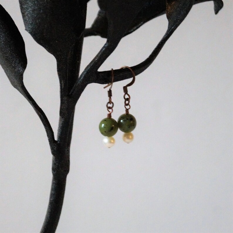 Nature Earrings Jade and Pearl Earrings Antiqued Copper Earrings Jade Earrings Boho Earrings Gemstone Earrings