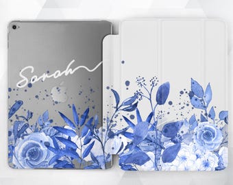 Name iPad case Floral Personalized iPad 9.7 6th gen 2018 Girl Custom iPad Pro 11 10.5 12.9 Mini 4 Air 3 2 Cute Blue Art Flowers Roses Leaf