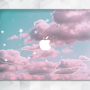 May include: A pink and blue laptop skin with a white apple logo and a white outline of clouds and stars.