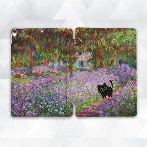 May include: A black cat with large eyes walks through a field of purple flowers. The background is a painting of a garden with trees and a house in the distance.