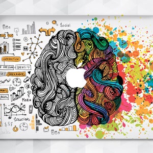 May include: A white laptop with a colourful brain design. The left side of the brain is black and white with doodles of marketing terms. The right side of the brain is colourful with splashes of paint. The words "Social", "Strategy", "Interaction", "Mobile Version", "Identity", "SEO", "Subscribers", "Mail", "Blog", "Media", and "Solutions" are visible on the left side of the brain.