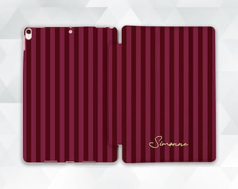 Name iPad case Personalized aesthetic iPad Air 11 iPad a16 11th 10th Pro 13 Mini 7 Dark red pink stripes Girly custom design Burgundy cover