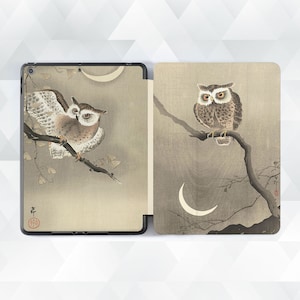Owl iPad case Japanese art iPad Air 5 iPad 10th 9th Pro 12.9 11 10.2 10.9 Mini 6 Vintage drawings Aesthetic nature birds Moon night cover