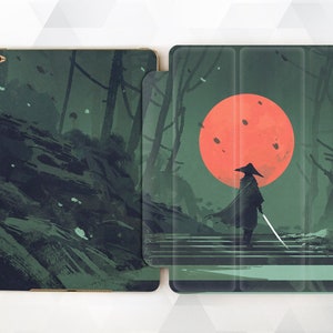 May include: A green and black illustrated phone case with a silhouette of a person in a forest with a large red sun in the background.