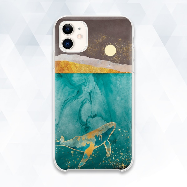 Whale iPhone case Nature Trendy iPhone 13 12 11 XR 8 case Marble Galaxy s22 Pixel 6 Aesthetic Ocean Abstract Art Blue Gold Elegant cover