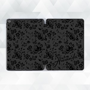 Name iPad case Aesthetic custom iPad 10.2 9th Pro 11 12.9 10.5 Air 5 10.9 Mini 6 Black flowers roses Personalized floral dark Trendy cover