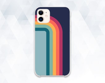 Pode incluir: Uma capa transparente para telefone com um design de arco-íris colorido. A capa tem um fundo azul escuro com um design de arco-íris curvo em tons de azul-esverdeado, verde, amarelo, laranja e vermelho.