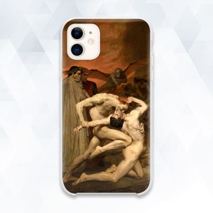 May include: A phone case with a painting of a scene from Dante's Inferno. The painting depicts two nude figures wrestling, with a background of a dark, shadowy landscape.