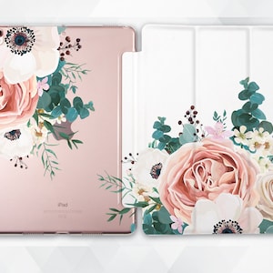 Flowers iPad case Girl Roses iPad 9.7 10.2 7th Cute Floral iPad Pro 11 10.5 12.9 Mini 5 Air 3 Pink Rose Green Leaves Aesthetic Girly cover