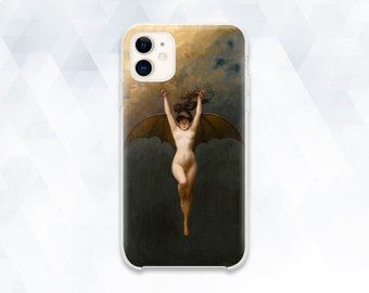 May include: A phone case with a painting of a woman with wings flying through the clouds. The woman is nude and has long dark hair. The background is a dark blue with clouds.