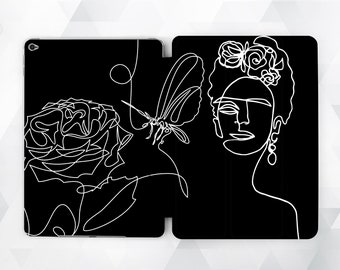 Étui pour iPad rose Art de fille pour iPad 9,7 6e génération Jolie fleur pour iPad Pro 11 10,5 12,9 Mini 5 Air 3 Dessin au trait esthétique noir et blanc avec une fille artiste