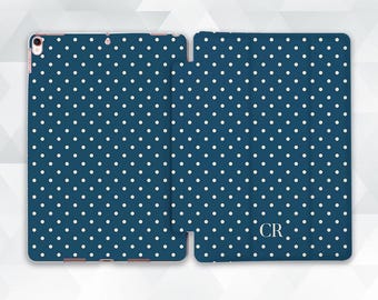 Initials iPad case Aesthetic monogram iPad Air 11 iPad a16 11th 10th gen Pro 13 Mini 7 Personalized custom polka dot Dark blue trendy cover