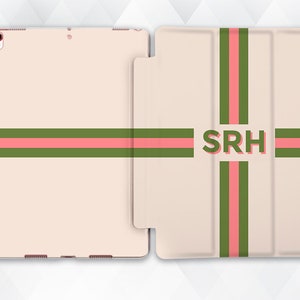 Initials iPad case Personalized Custom iPad 10.2 9.7 Pro 11 10.5 12.9 Air 4 Mini 5 Monogram Aesthetic Green Pink Stripes Pastel Beige cover