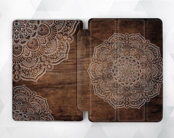 Wood iPad case Mandala Boho iPad 9.7 10.2 7th gen Ornament Girls iPad Pro 11 10.5 12.9 Mini 5 Air 3 Girly Rustic Design Asian Mandala cover