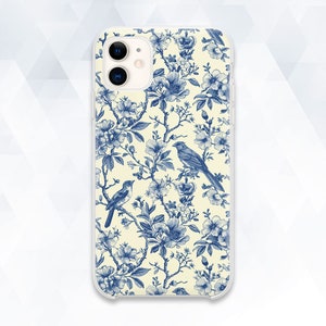 Aesthetic iPhone case Vintage floral iPhone 15 iPhone 14 Pro Toile De Jouy iPhone 13 12 Galaxy s23 Pixel 8 Elegant blue flowers birds cover