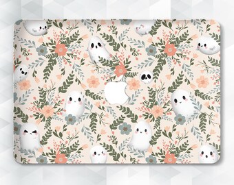 Coque MacBook fleurie Fantômes mignons MacBook Pro 13 14 16 Air 13 15 pouces m2 m3 m4 Design d'Halloween avec des fleurs Jolie coque florale girly kawaii