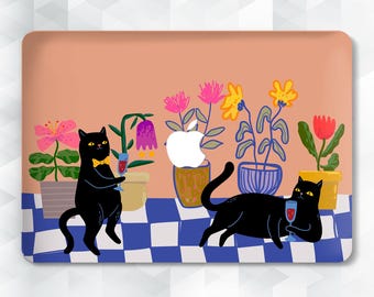 Cats MacBook case Flowers Cute MacBook Air 13 m4 m5 Air 15 inch Pro 14 13 16 Funny drinking black cat Girly pretty trendy cover for women