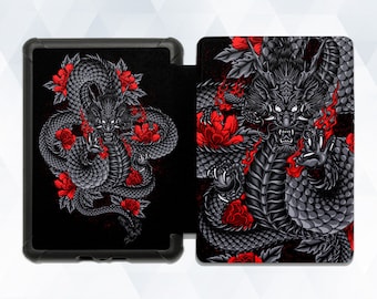 Étui pour Kindle avec dragon design japonais Tout nouveau Kindle 10e génération Kindle Paperwhite 10e 2019 15,2 cm pour homme Étui Kindle pour homme, esthétique tendance fleurs rouges