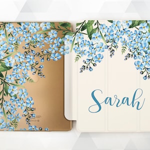 Bloemen iPad-hoesje 6e generatie meisjesnaam iPad 9,7 2018 gepersonaliseerde aangepaste iPad Pro 11 10,5 Pro 12,9 Mini 4 Air 3 2 schattige blauwe bloemen bladhoes