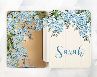 Floral iPad case 6th gen Girl Name iPad 9.7 2018 Personalized Custom iPad Pro 11 10.5 Pro 12.9 Mini 4 Air 3 2 Cute Blue Flowers Leaf Cover