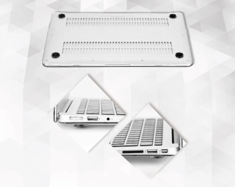 May include: A silver laptop computer, shown from multiple angles. The bottom view shows ventilation slots and four black rubber feet. Side views reveal ports, including USB and audio jacks. The keyboard is visible in the side views.