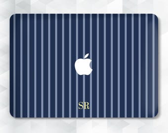 Monogram MacBook case Aesthetic custom MacBook Air 13 m4 m5 Air 15 Pro 14 13 16 Personalized initials Dark blue stripes Customizable cover
