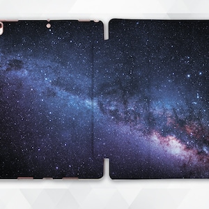 May include: A black iPad case featuring a galaxy print. The case is made from a durable material and has a sleek design. The galaxy print depicts a dark blue background with white stars and a swirling nebula.