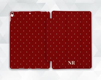Initials iPad case Aesthetic red iPad Air 11 iPad a16 11th 10th 9th Pro 13 Personalized maroon polka dot Custom monogram Trendy unique cover