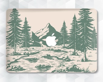 Custodia per MacBook con motivo natura per uomo, estetica per MacBook Pro 13 14 16 pollici, Air 13 15 m2 m3, montagne, alberi, foresta, paesaggio beige e verde, cover di tendenza
