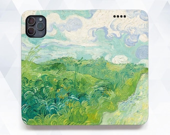 May include: A phone case featuring a landscape painting with green fields, yellow flowers, and a blue sky with white clouds. The case has a camera cutout and a matte finish.