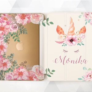 Unicorn iPad case Personalized Girl iPad 9.7 6th gen 2018 Name Cute iPad Pro 11 10.5 12.9 Air 3 2 Mini 4 Kids Floral Custom Kawaii Flowers