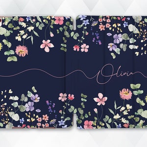 Name iPad case Custom Cute iPad 10.2 9.7 Pro 11 10.5 12.9 Air 5 4 Mini 6 for Girls Blue Floral Personalized Aesthetic Flowers Trendy cover