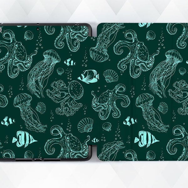 Octopus iPad case Ocean Aesthetic iPad 10.2 Pro 11 12.9 10.5 Air 5 10.9 Mini 6 Cute Animals Nature Jellyfish Dark Green Trendy Pattern cover