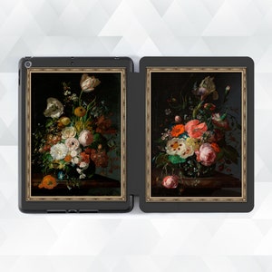 Aesthetic iPad case Flower art iPad Air 5th iPad 10th 9th Pro 12.9 11 10.2 10.9 Mini 6 Vintage floral art Paintings Roses Peonies Dark cover