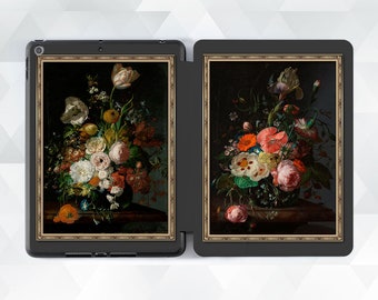 Funda estética para iPad Arte floral iPad Air 5º iPad 10º 9º Pro 12.9 11 10.2 10.9 Mini 6 Arte floral vintage Pinturas Rosas Peonías Cubierta oscura