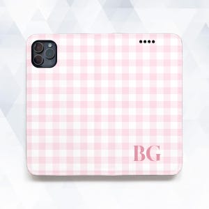 Initials iPhone case Aesthetic custom iPhone 15 14 13 12 11 Trendy pink gingham Personalized monogram Wallet iPhone cover with card holder