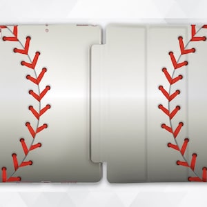 May include: A white iPad case with a red baseball stitch design. The case is made of a durable material and has a sleek, modern look.