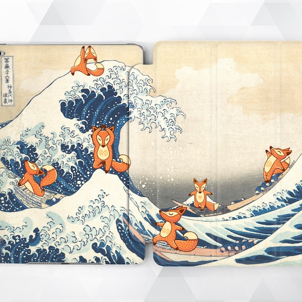 Étui pour iPad vintage 9,7 6e génération Japon Mignon iPad Pro 11 10,5 12,9 Mini 4 Air 3 Art Océan Enfant Fille Kawaii Renard Animal Drôle Grande Vague Kanagawa