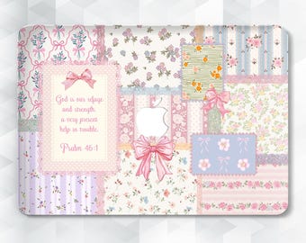 Jolie coque pour MacBook courtepointe florale MacBook Pro 13 14 16 Air 13 15 pouces m2 m3 m4 Fleurs roses esthétiques citation verset de la Bible noeuds girly Coque matelassée