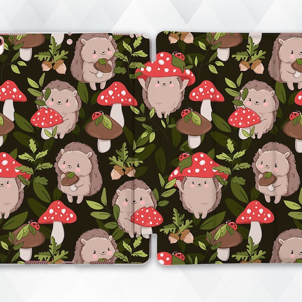 Hedgehog iPad case Cute Floral iPad 10.2 9.7 Pro 11 10.5 12.9 Air 5 Mini 6 for Girls Kids Kawaii Animal Mushroom Nature Pattern Trendy cover