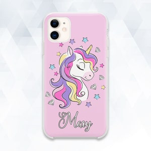 May include: Pink phone case with a unicorn illustration and the name "Mary" printed on the bottom. The unicorn has a rainbow mane and tail and is surrounded by stars and diamonds.
