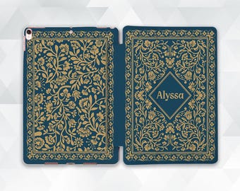 Aesthetic iPad case Personalized name iPad Air 11 inch iPad a16 11th 10th 9th Pro 13 Mini 7 Floral vintage blue gold custom notebook cover