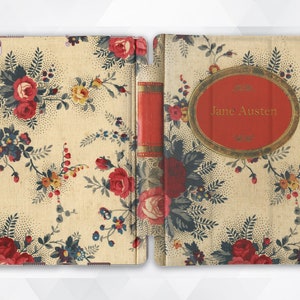 May include: An iPad case with a floral pattern, a red spine and a gold oval with the text "Jane Austen" on the front.