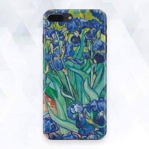 May include: A phone case featuring a vibrant painting of blue irises with green leaves. The artwork is reminiscent of a famous painting by Vincent van Gogh.
