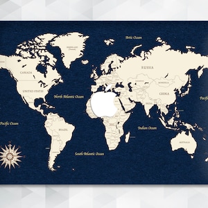 May include: A blue world map with a white apple logo in the center. The map is surrounded by a dark blue border and has the names of continents and oceans labeled in white.