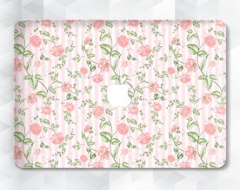 Jolie coque MacBook esthétique florale pour MacBook Pro 13 14 16 Air 13 15 pouces m2 m3 m4 Housse Kawaii coquette girly roses rayures fleurs rose clair