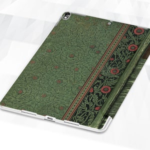 May include: A green iPad case with a floral pattern and a red and gold border. The case has a white background and a white border.